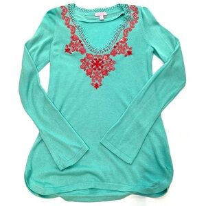 Lilly Pulitzer April style 62771 coral on turquoise knit tunic long slv EUC sz S